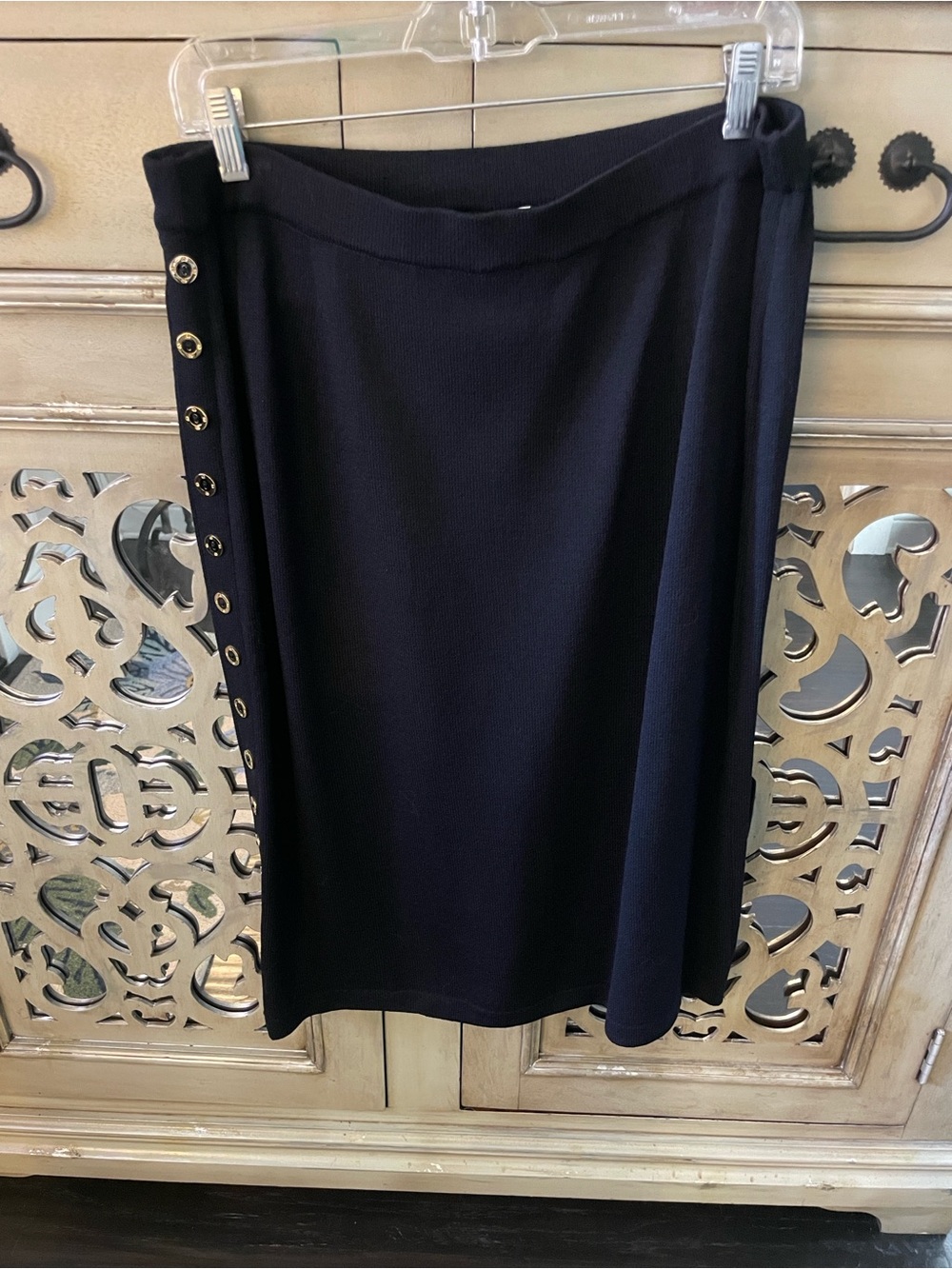 St. John Black Midi Skirt with Gold Button Trim